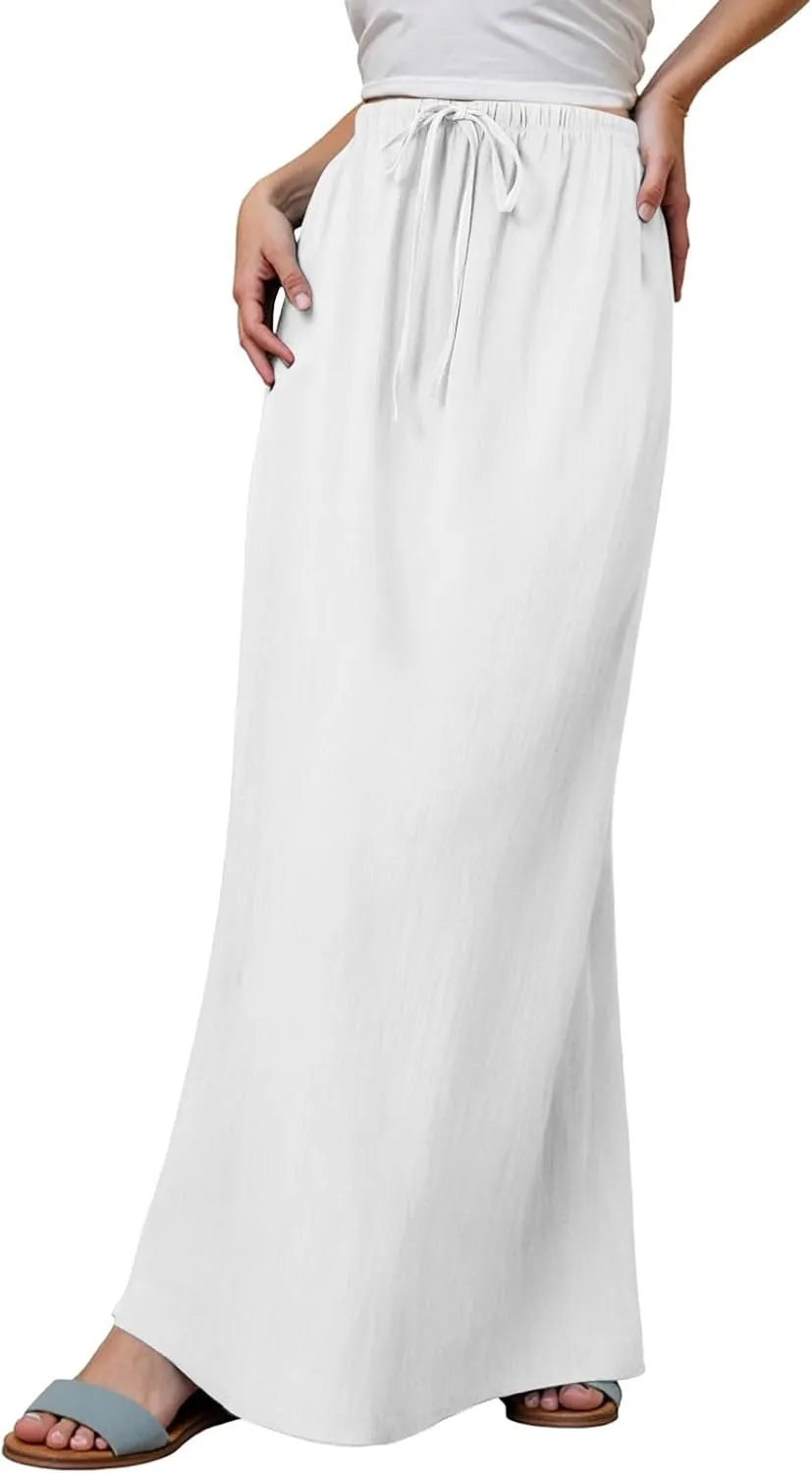 Linen Maxi Skirts for Women Trendy Summer Comfy Drawstring Waist A Line Skirts 2025 Vacation Boho Long Flowy Skirts