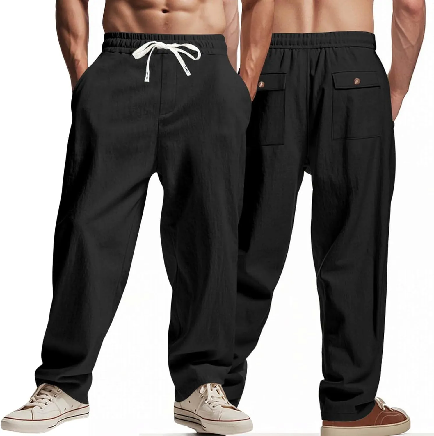 Linen Pants Men Lounge Casual Trendy Loose Fit Work Elastic-Waisted Pants Breathable Comfortable Relax Fit Trousers