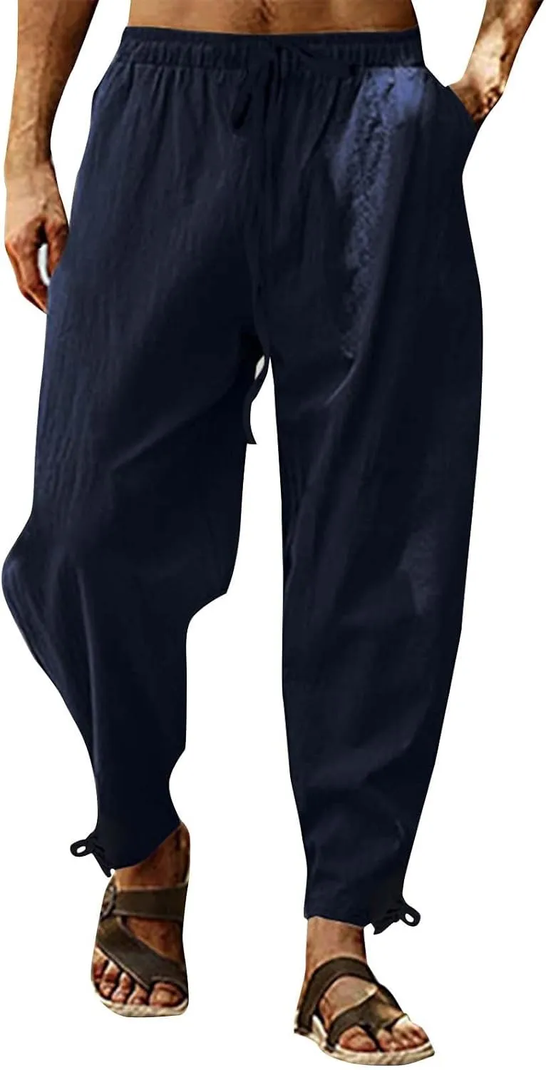 Linen Pants Men Lounge Straight-Leg Lightweight 2025 Vacation Work Pant Soft with Pocket Fashion Breathable Outfits