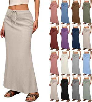Linen Skirts for Women Drawstring High Waisted Back Slit Maxi Skirt Summer Vacation Long Pencil Skirt with Pockets