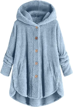 maisdgop Fleece Jacket Women Long Sleeve Sherpa Hooded Coats Winter Fall Warm Fuzzy Jackets Plus Size Button Plush Outerwear