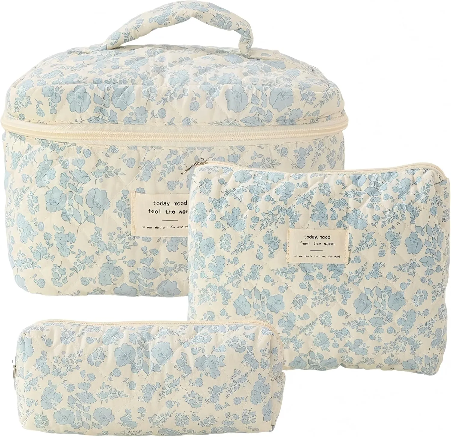 Makeup Bag Set, Large Floral Cosmetic Bags for Women, 3 Pcs Cotton Makeup Bags, Toiletry Organizer Bag White Blue Flower