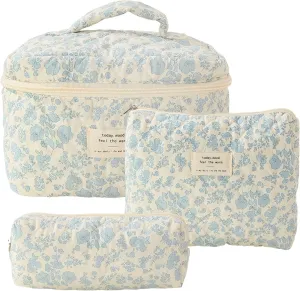 Makeup Bag Set, Large Floral Cosmetic Bags for Women, 3 Pcs Cotton Makeup Bags, Toiletry Organizer Bag White Blue Flower
