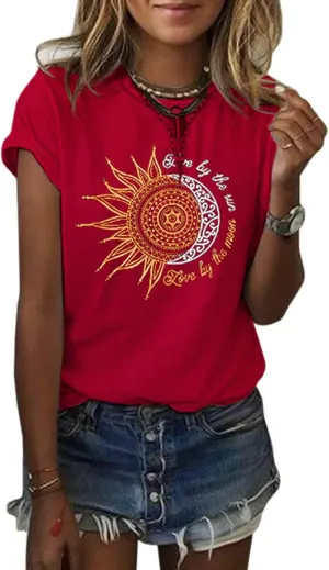 MaQiYa Womens Graphic Tees Summer Vintage Short Sleeve Cotton Moon and Sun Printed T Shirts Tops