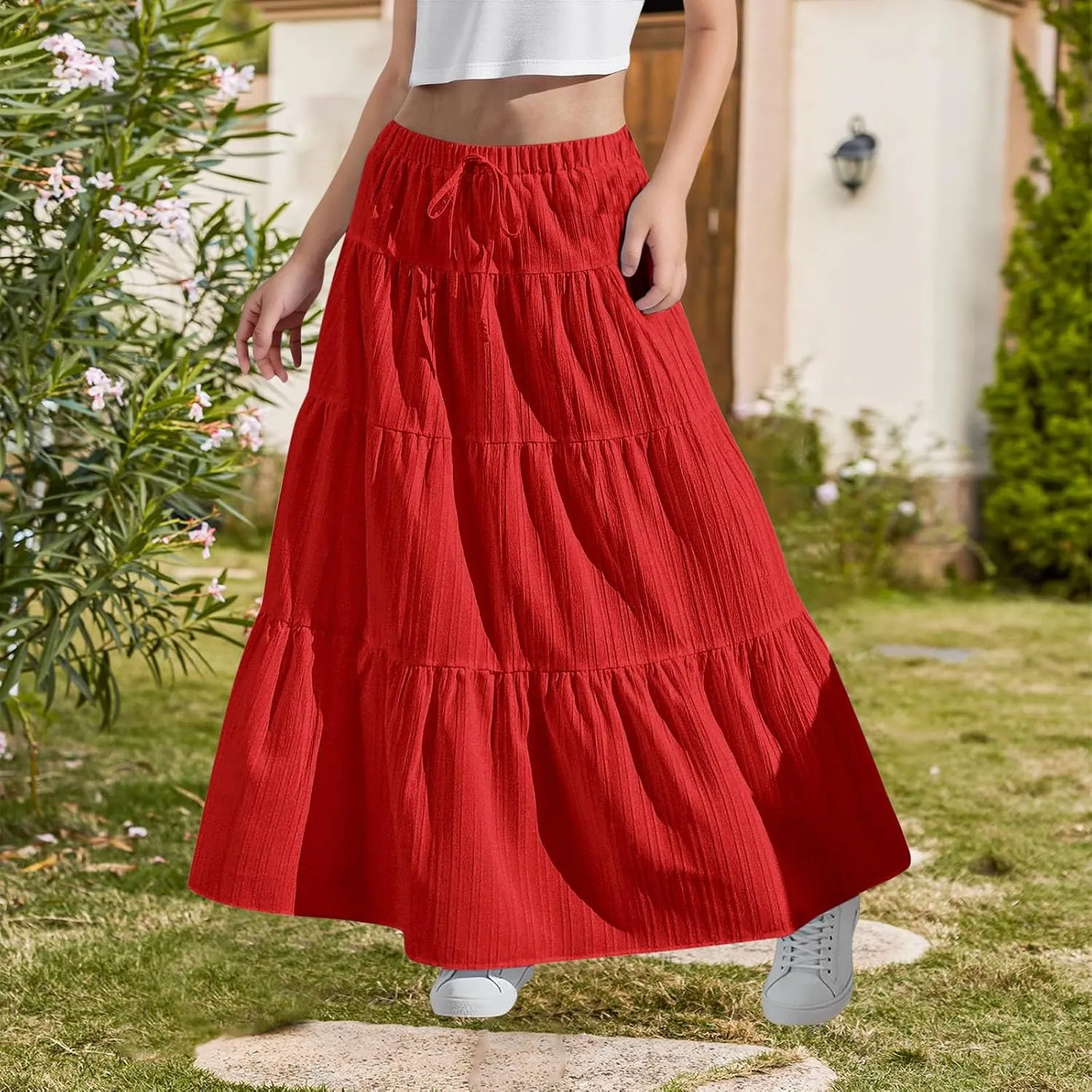 Maxi Skirts for Girls High Waist Pleated A-Line Flared Long Skirt Summer Flowy Swing Tiered Beach Vacation Skirts