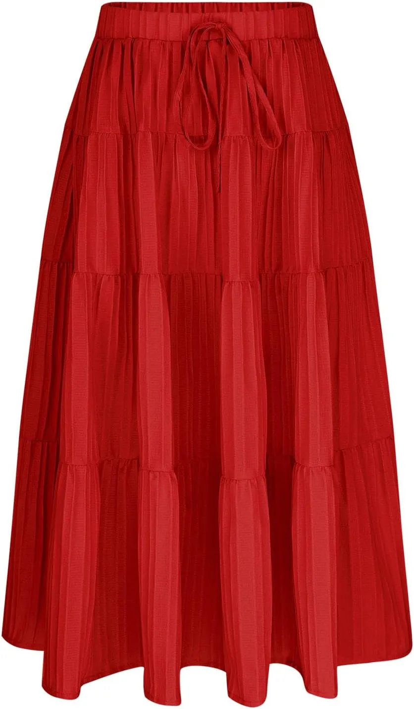 Maxi Skirts for Girls High Waist Pleated A-Line Flared Long Skirt Summer Flowy Swing Tiered Beach Vacation Skirts