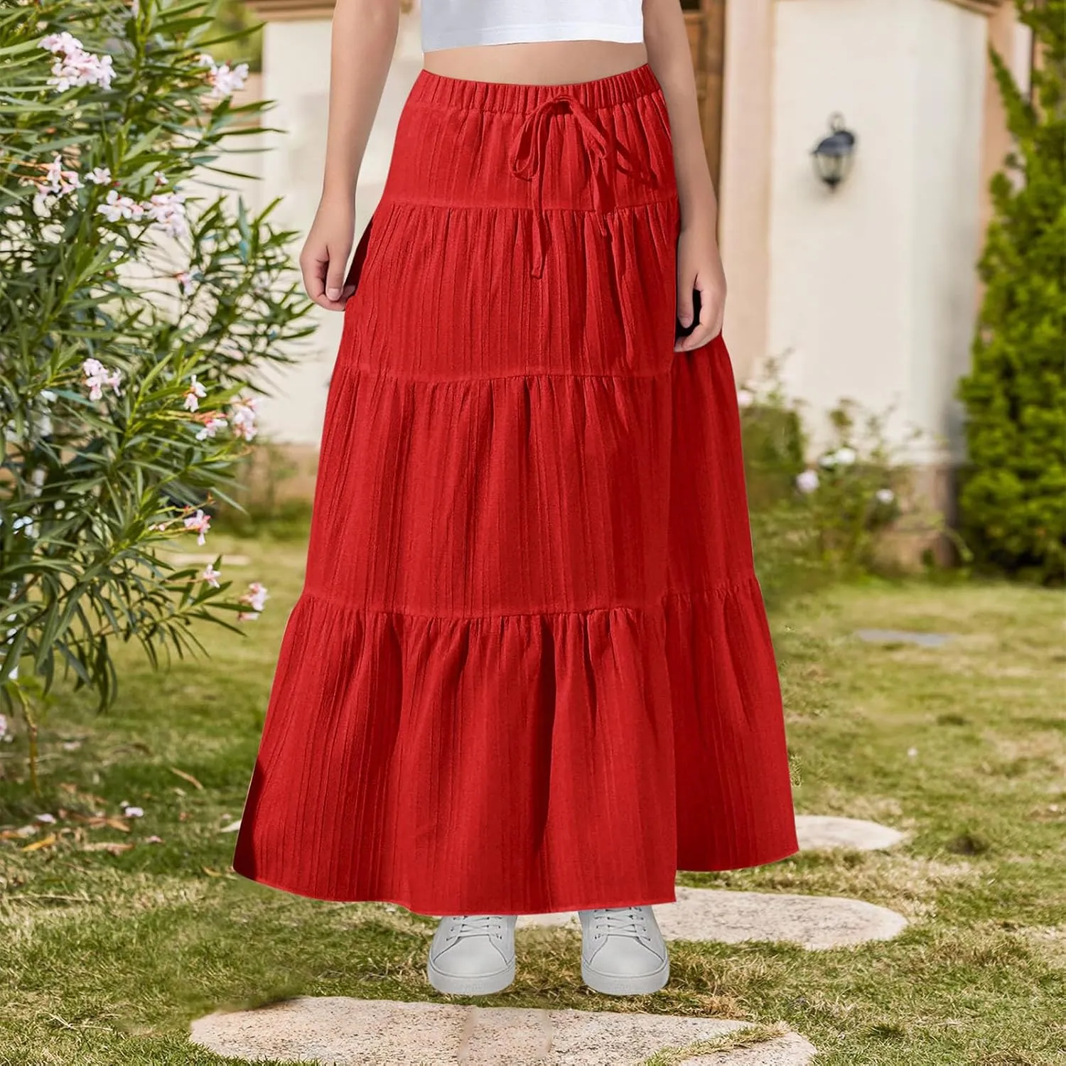 Maxi Skirts for Girls High Waist Pleated A-Line Flared Long Skirt Summer Flowy Swing Tiered Beach Vacation Skirts