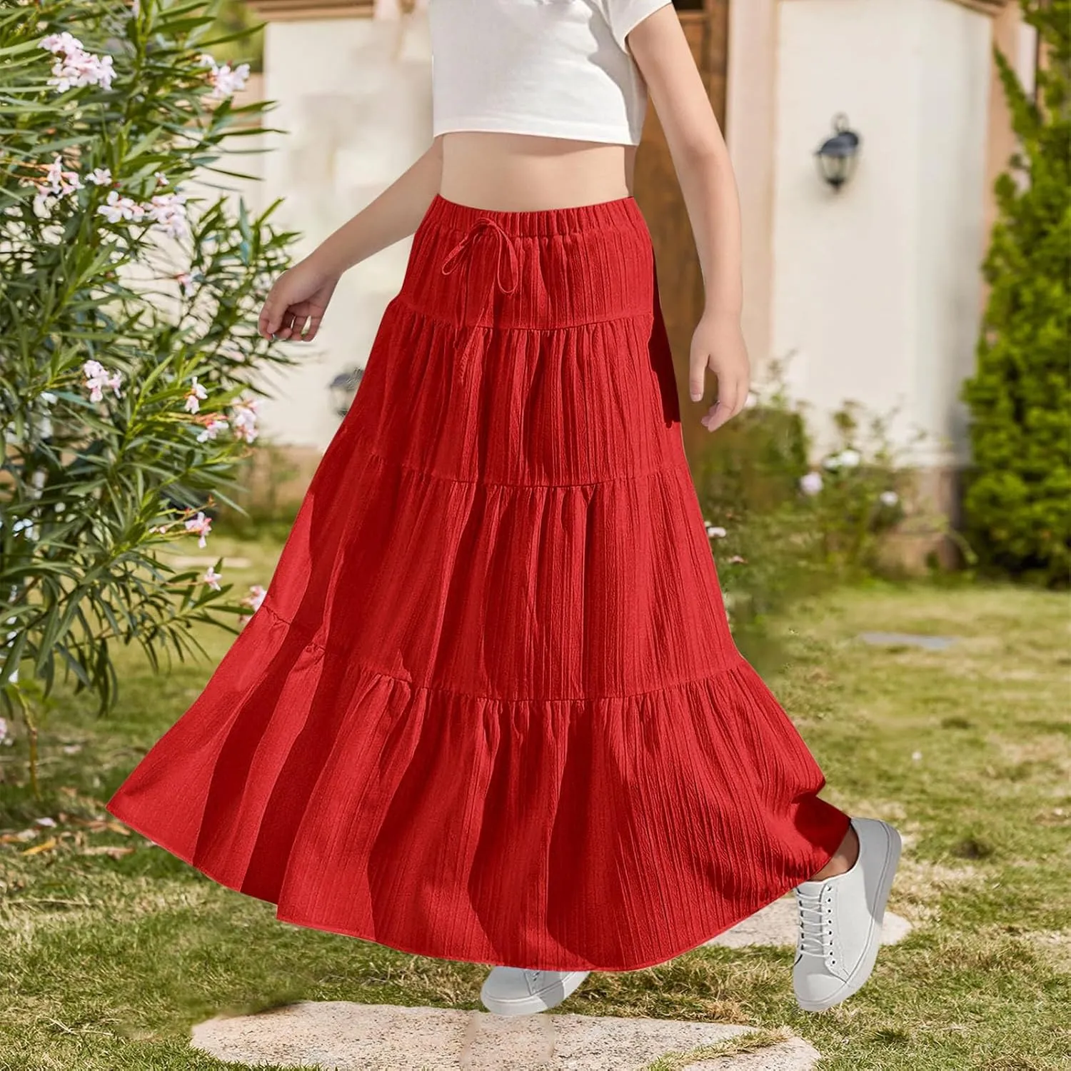 Maxi Skirts for Girls High Waist Pleated A-Line Flared Long Skirt Summer Flowy Swing Tiered Beach Vacation Skirts