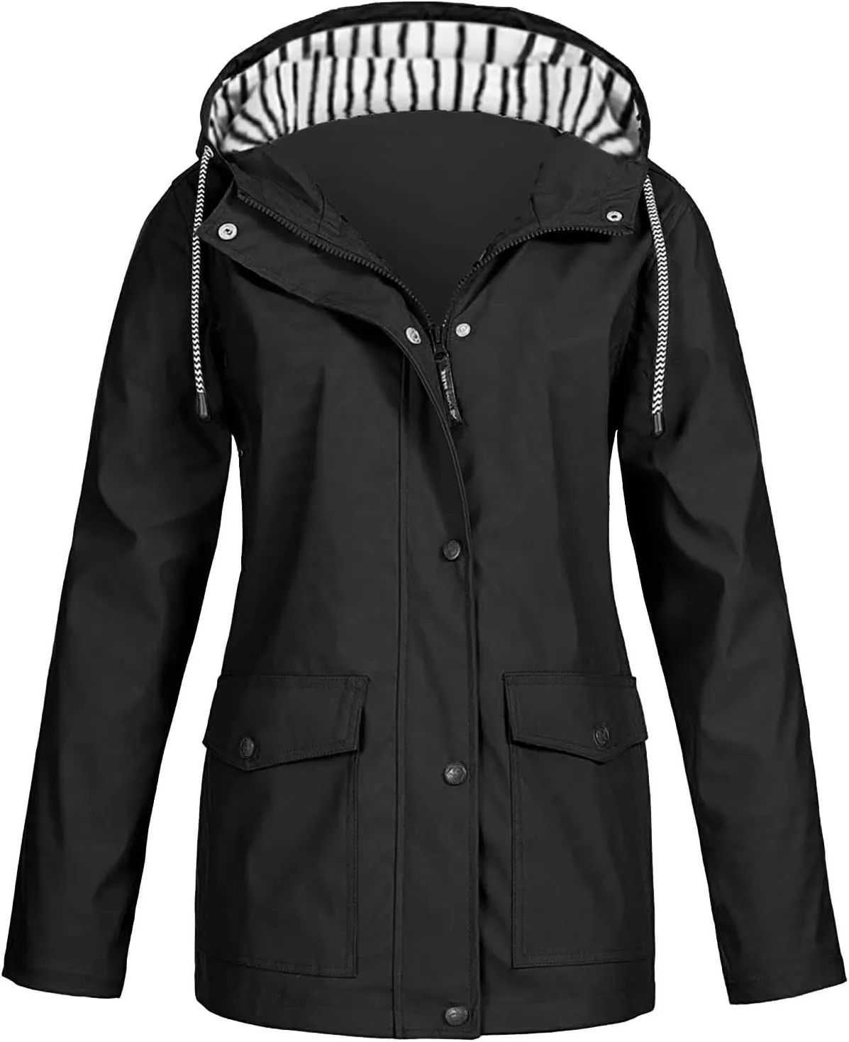 Men Waterproof Jacket Zip Up Hoodie Plus Size Long Sleeve Solid Button Windproof Outdoor Coat with Pocket