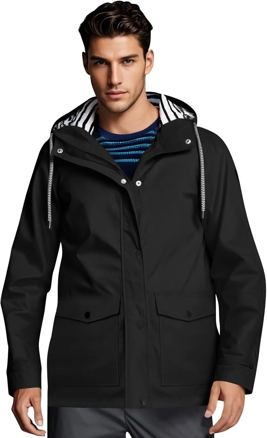 Men Waterproof Jacket Zip Up Hoodie Plus Size Long Sleeve Solid Button Windproof Outdoor Coat with Pocket