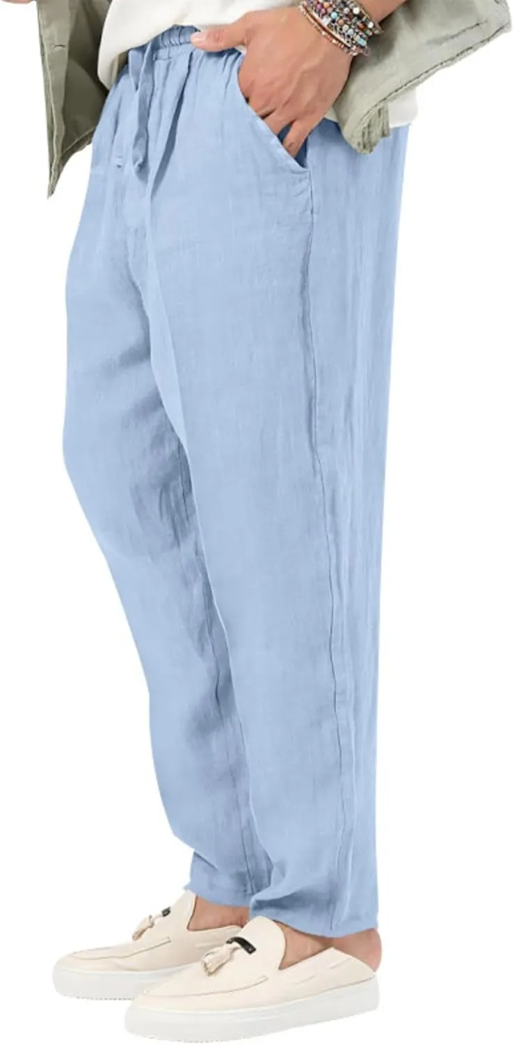 Mens Casual Linen Pants Drawstring Elastic Waist Loose Sweatpants Lightweight Straight Leg Outdoor Workout Trousers