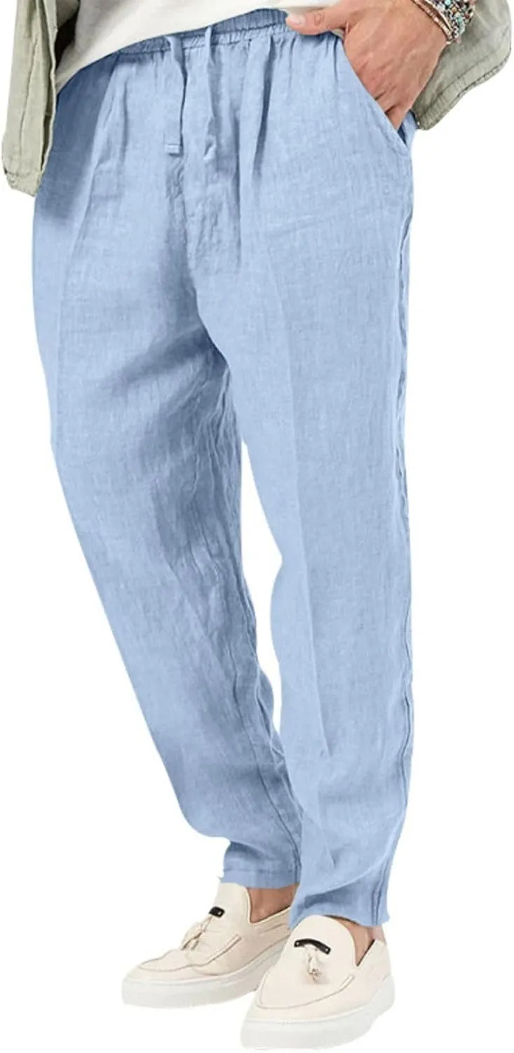 Mens Casual Linen Pants Drawstring Elastic Waist Loose Sweatpants Lightweight Straight Leg Outdoor Workout Trousers
