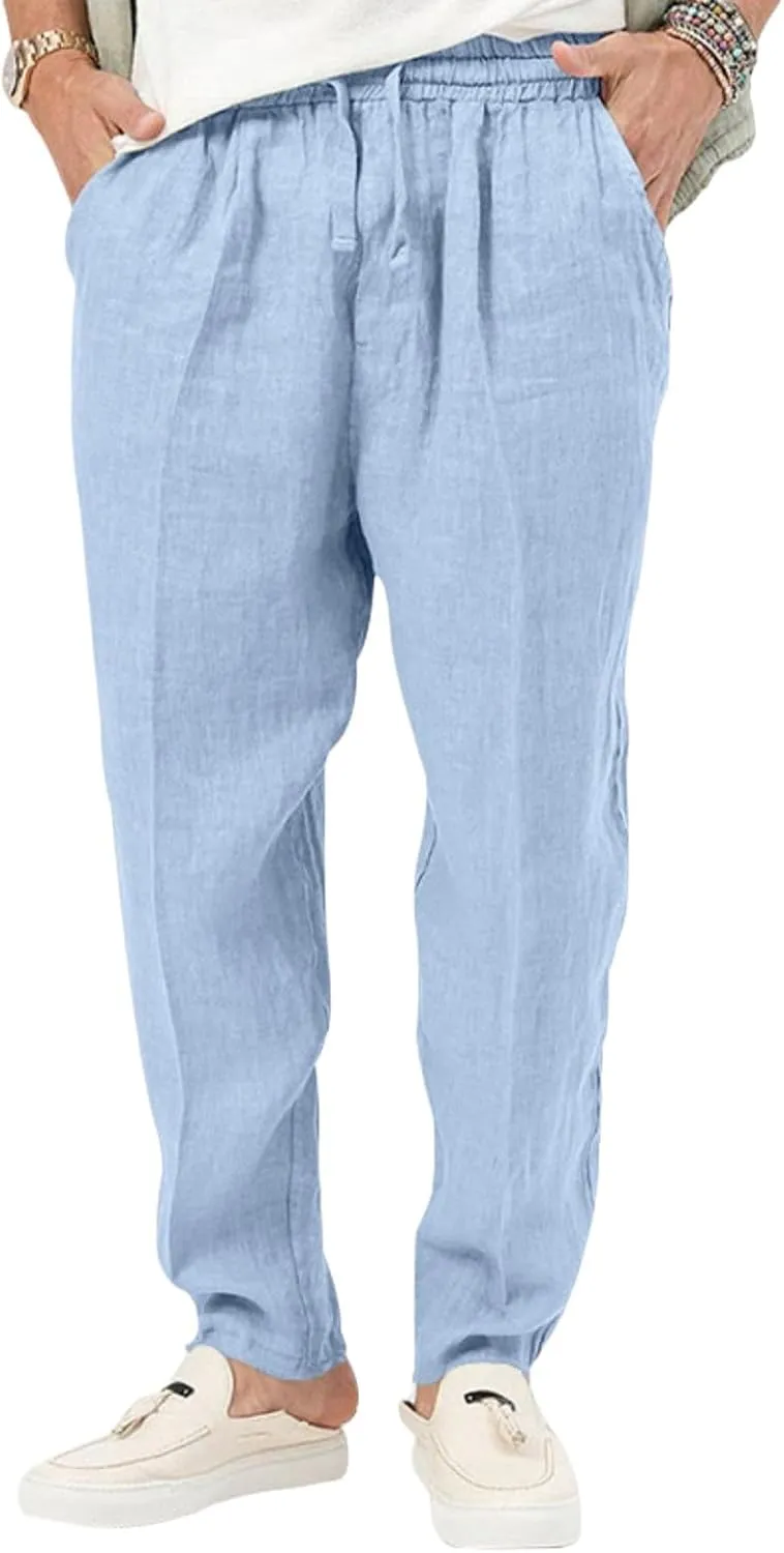 Mens Casual Linen Pants Drawstring Elastic Waist Loose Sweatpants Lightweight Straight Leg Outdoor Workout Trousers