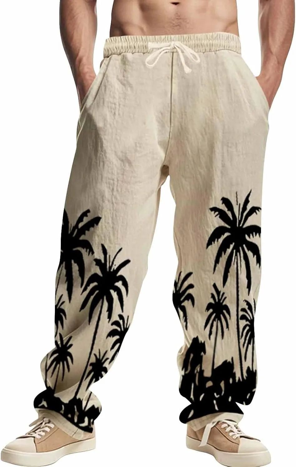 Mens Casual Pants Casual Solid Color Summer Drawstring Lightweight Pant High-Waisted Big and Tall Breathable Trousers