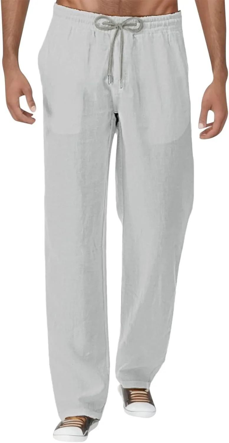 Mens Casual Pants Linen Pants Solid Color Fashion Stretch Summer Loose Elastic Waist Beach Straight Drawstring Pant