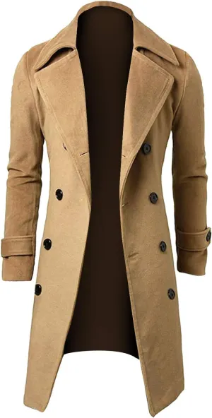 Men's Casual Trench Coat Stylish Slim Fit Long Jacket Notched Collar Overcoat Single Breasted Pea Coat with Pockets