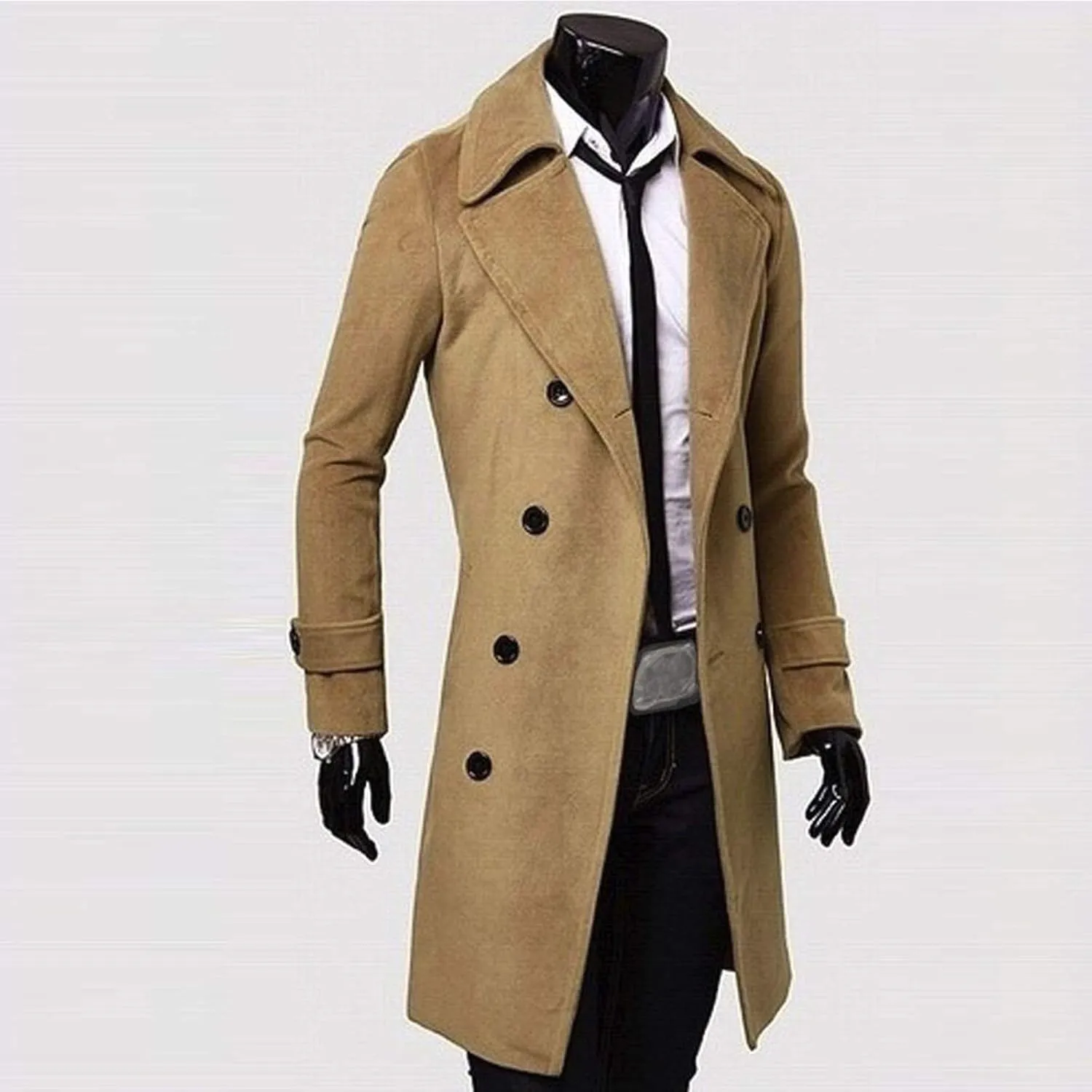 Men's Casual Trench Coat Stylish Slim Fit Long Jacket Notched Collar Overcoat Single Breasted Pea Coat with Pockets