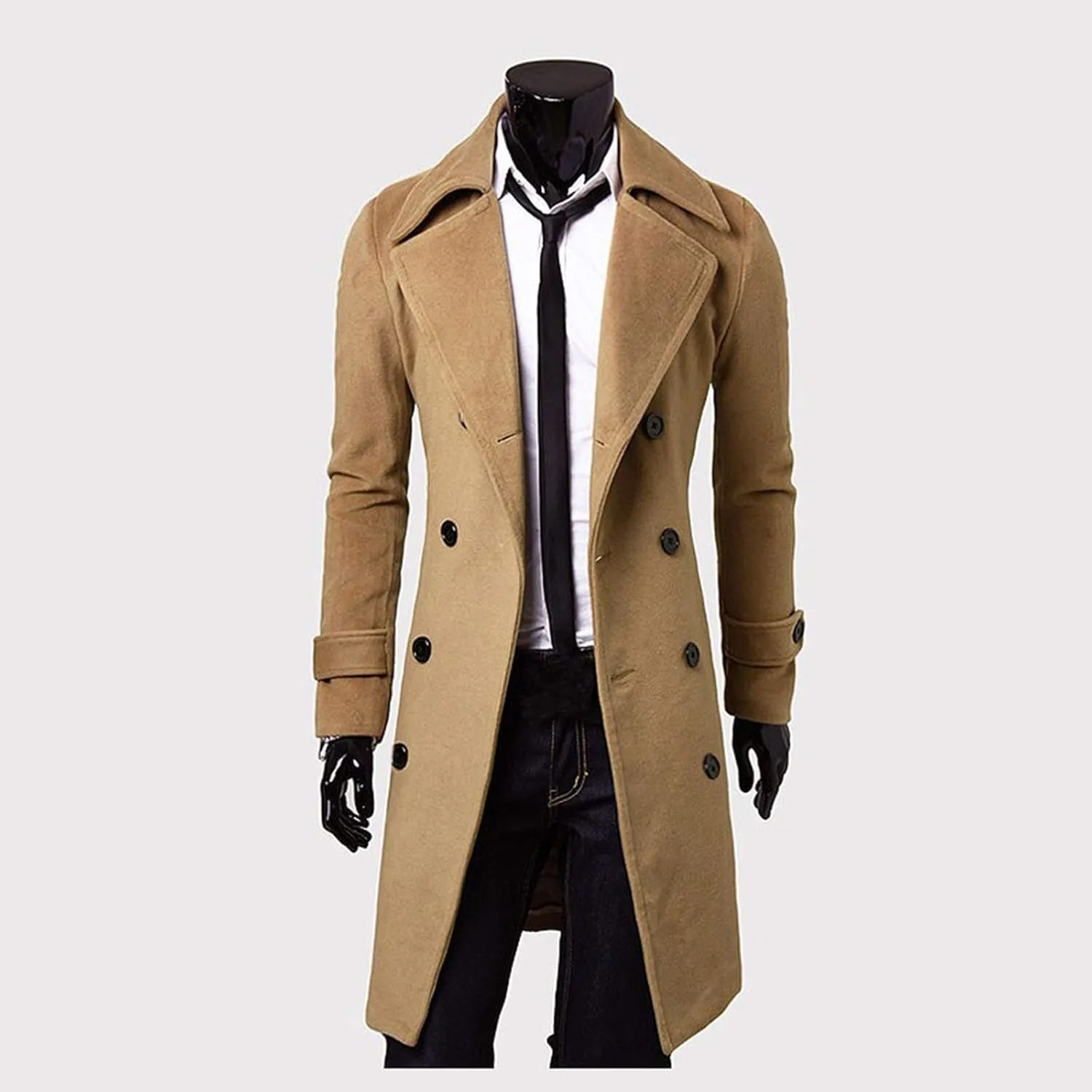 Men's Casual Trench Coat Stylish Slim Fit Long Jacket Notched Collar Overcoat Single Breasted Pea Coat with Pockets
