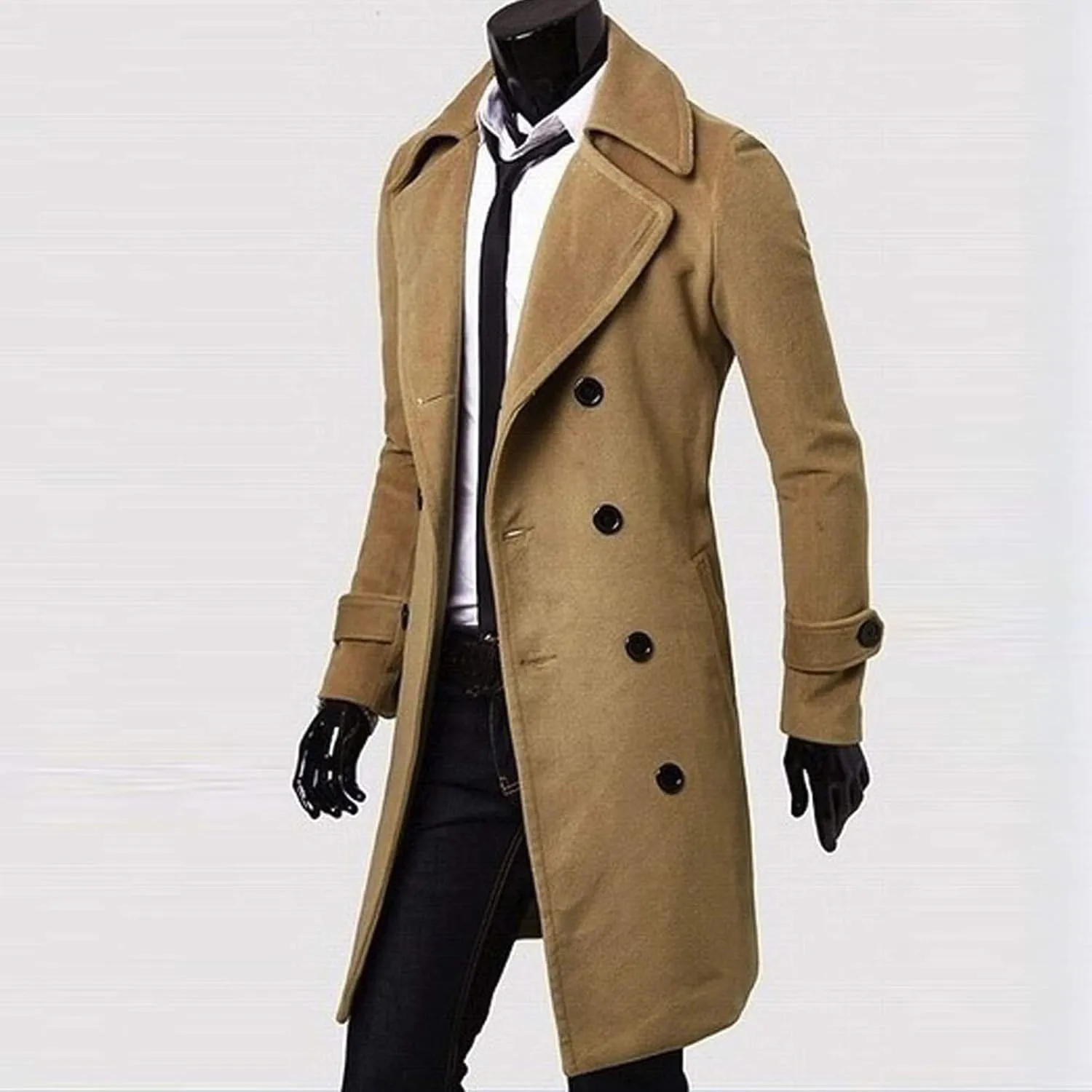 Men's Casual Trench Coat Stylish Slim Fit Long Jacket Notched Collar Overcoat Single Breasted Pea Coat with Pockets