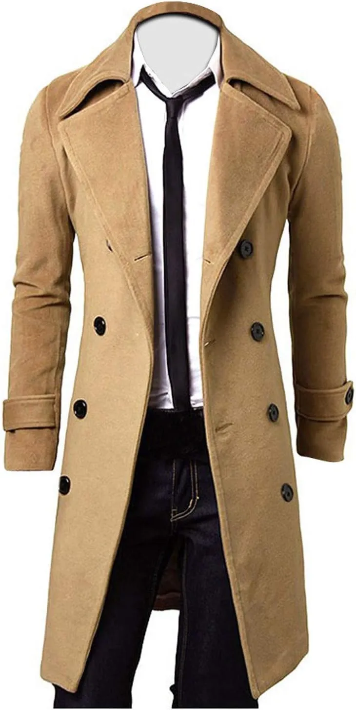 Men's Casual Trench Coat Stylish Slim Fit Long Jacket Notched Collar Overcoat Single Breasted Pea Coat with Pockets