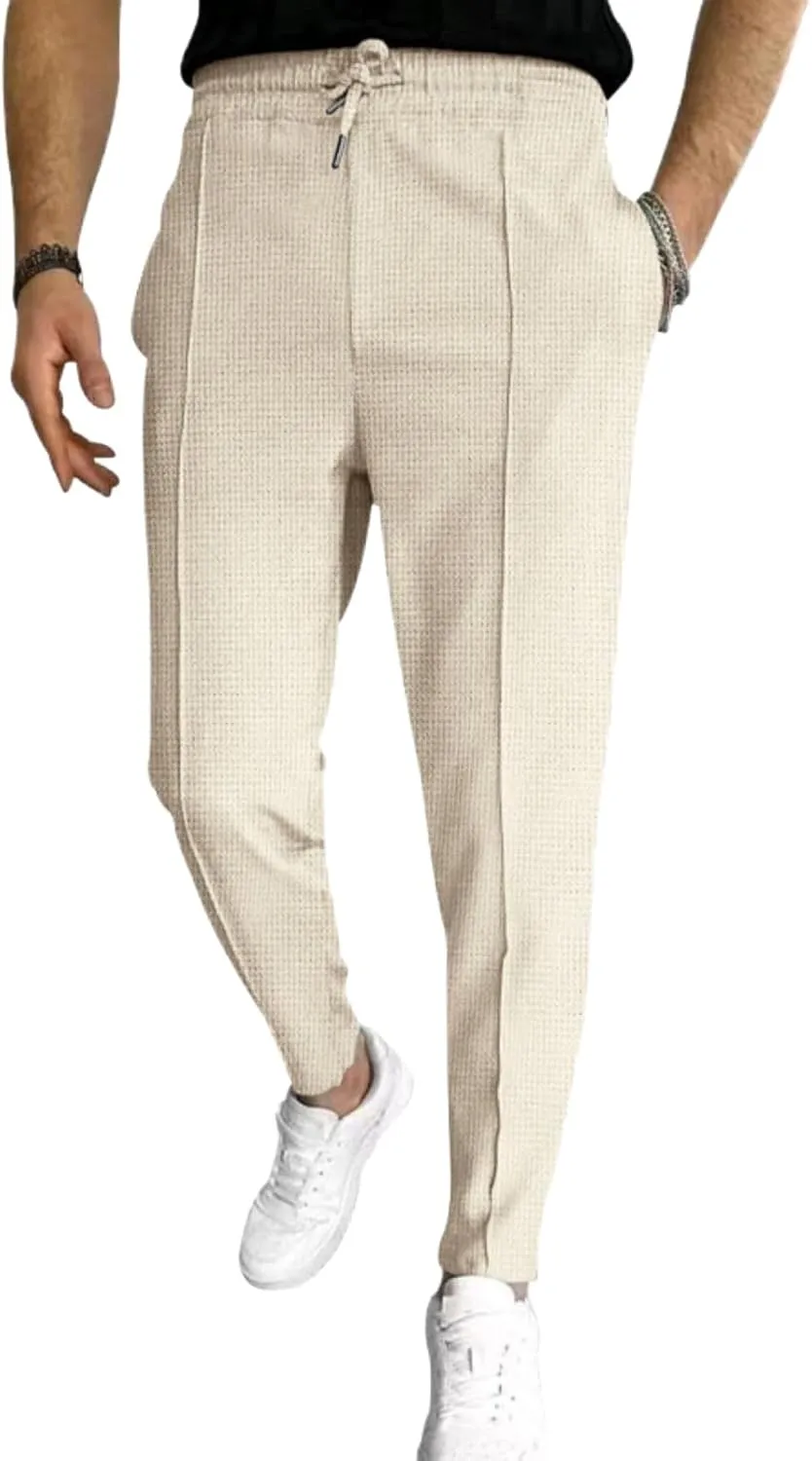 Men's Casual Waffle Pleated Pants Flat Front Athletic Running Workout Gym Sweatpants Drawstring Elastic Waist with Pockets