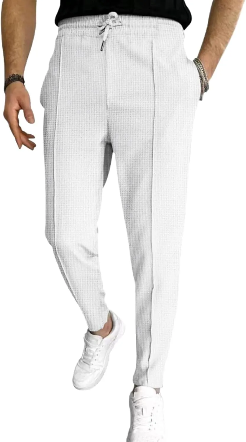 Men's Casual Waffle Pleated Pants Flat Front Athletic Running Workout Gym Sweatpants Drawstring Elastic Waist with Pockets