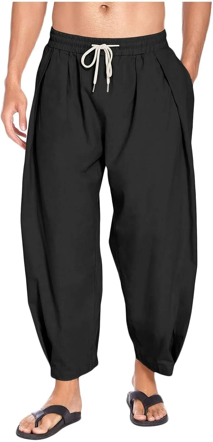 Men's Cotton Linen Drawstring Harem Pants Lightweight Loose Fit Casual Wear with Side Pockets for Beach Yoga