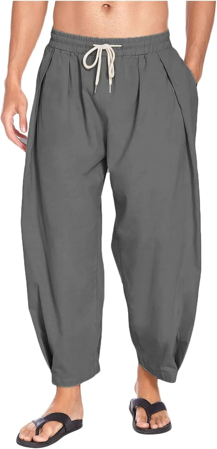 Men's Cotton Linen Drawstring Harem Pants Lightweight Loose Fit Casual Wear with Side Pockets for Beach Yoga