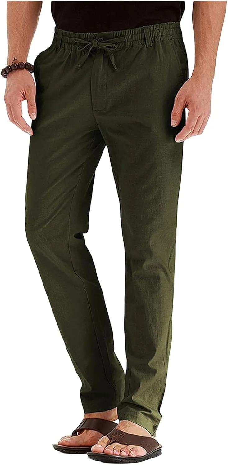 Men's Elastic Drawstring Waist Linen Pants Casual Lightweight Straight Leg Loose Fit Trousers for Beach Yoga Fall Wear