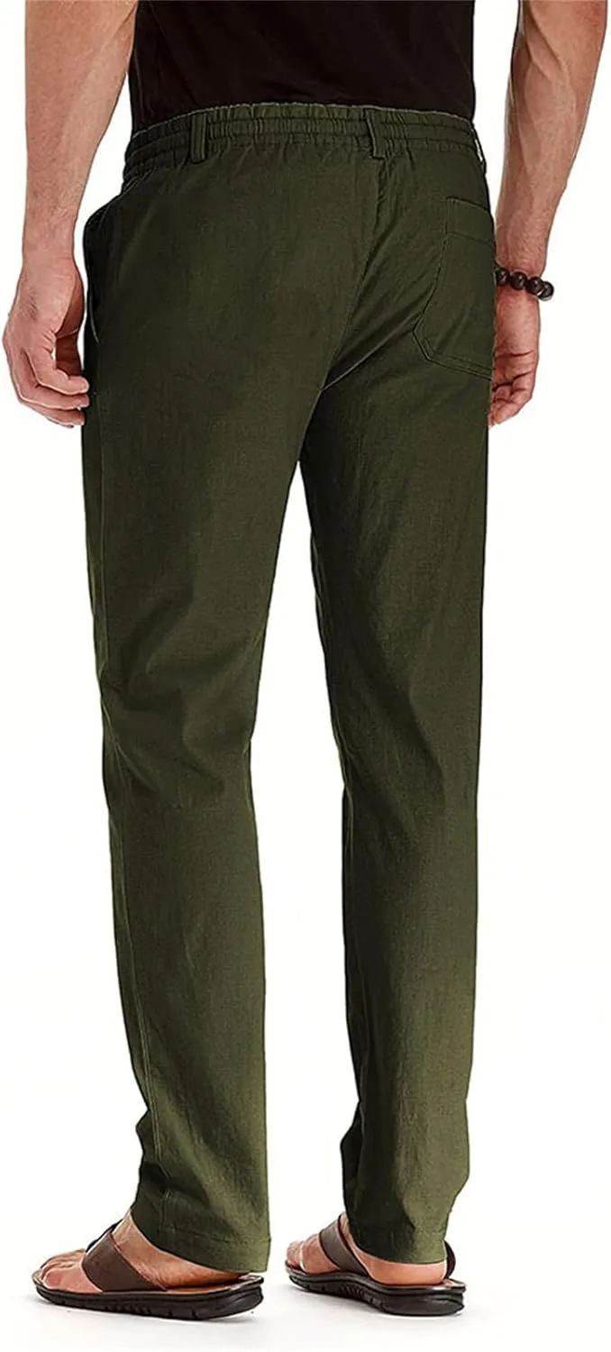 Men's Elastic Drawstring Waist Linen Pants Casual Lightweight Straight Leg Loose Fit Trousers for Beach Yoga Fall Wear