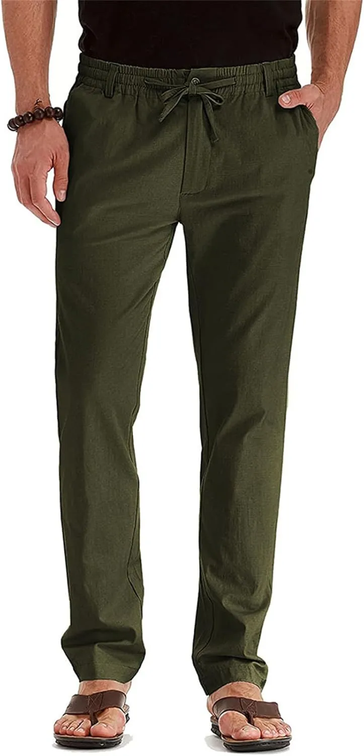 Men's Elastic Drawstring Waist Linen Pants Casual Lightweight Straight Leg Loose Fit Trousers for Beach Yoga Fall Wear