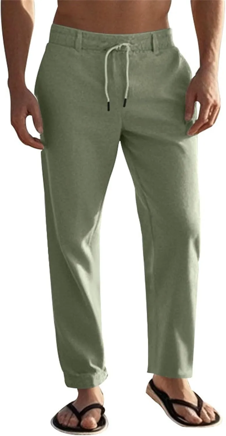 Men's Linen Pants Elastic Waist Drawstring Lightweight Cotton Linen Pants Breathable Beach Casual Vacation Trouser