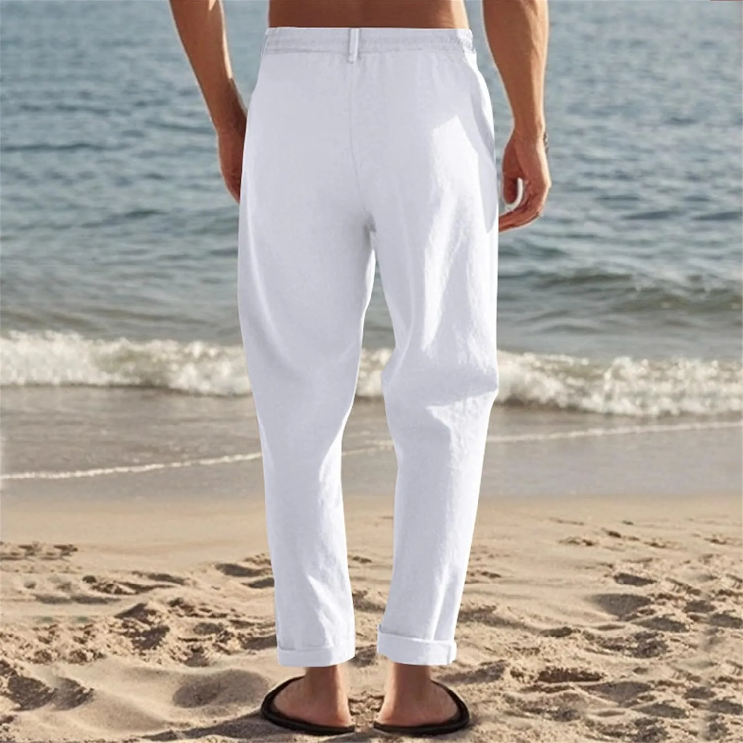 Men's Linen Pants Elastic Waist Drawstring Lightweight Cotton Linen Pants Breathable Beach Casual Vacation Trouser