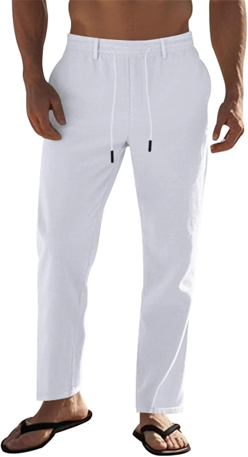 Men's Linen Pants Elastic Waist Drawstring Lightweight Cotton Linen Pants Breathable Beach Casual Vacation Trouser