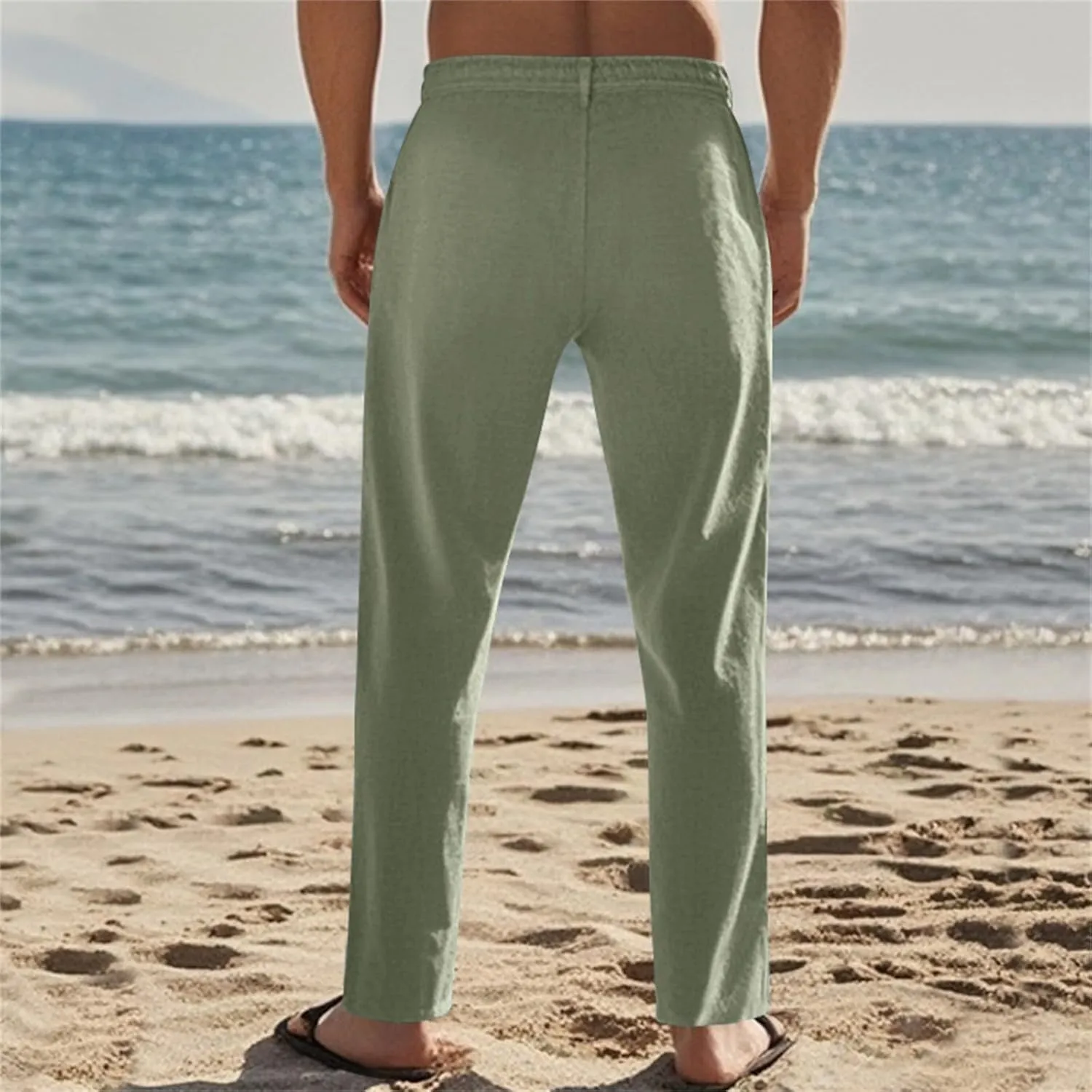 Men's Linen Pants Elastic Waist Drawstring Lightweight Cotton Linen Pants Breathable Beach Casual Vacation Trouser