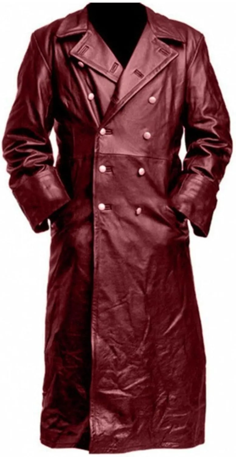 Men's Retro Leather Trench Coat Lapel Collar Long Coat Leather Coat Faux Leather Jacket Outwear Autumn Winter