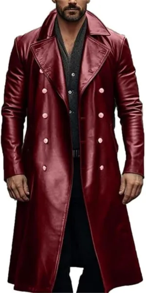Men's Retro Leather Trench Coat Lapel Collar Long Coat Leather Coat Faux Leather Jacket Outwear Autumn Winter