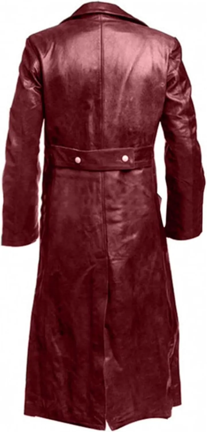 Men's Retro Leather Trench Coat Lapel Collar Long Coat Leather Coat Faux Leather Jacket Outwear Autumn Winter