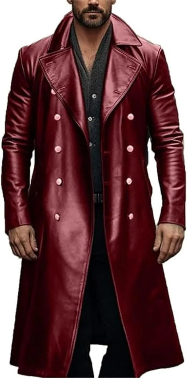 Men's Retro Leather Trench Coat Lapel Collar Long Coat Leather Coat Faux Leather Jacket Outwear Autumn Winter
