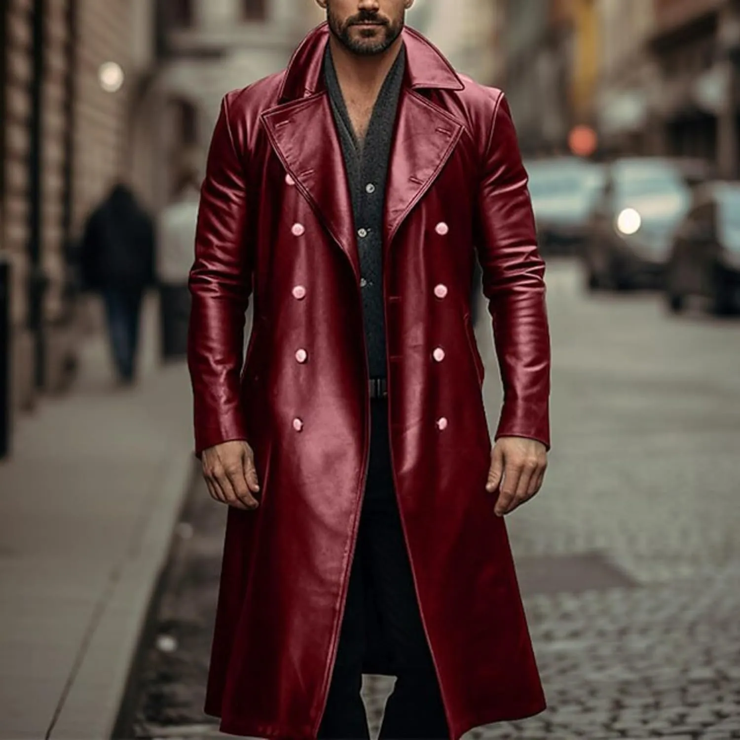 Men's Retro Leather Trench Coat Lapel Collar Long Coat Leather Coat Faux Leather Jacket Outwear Autumn Winter