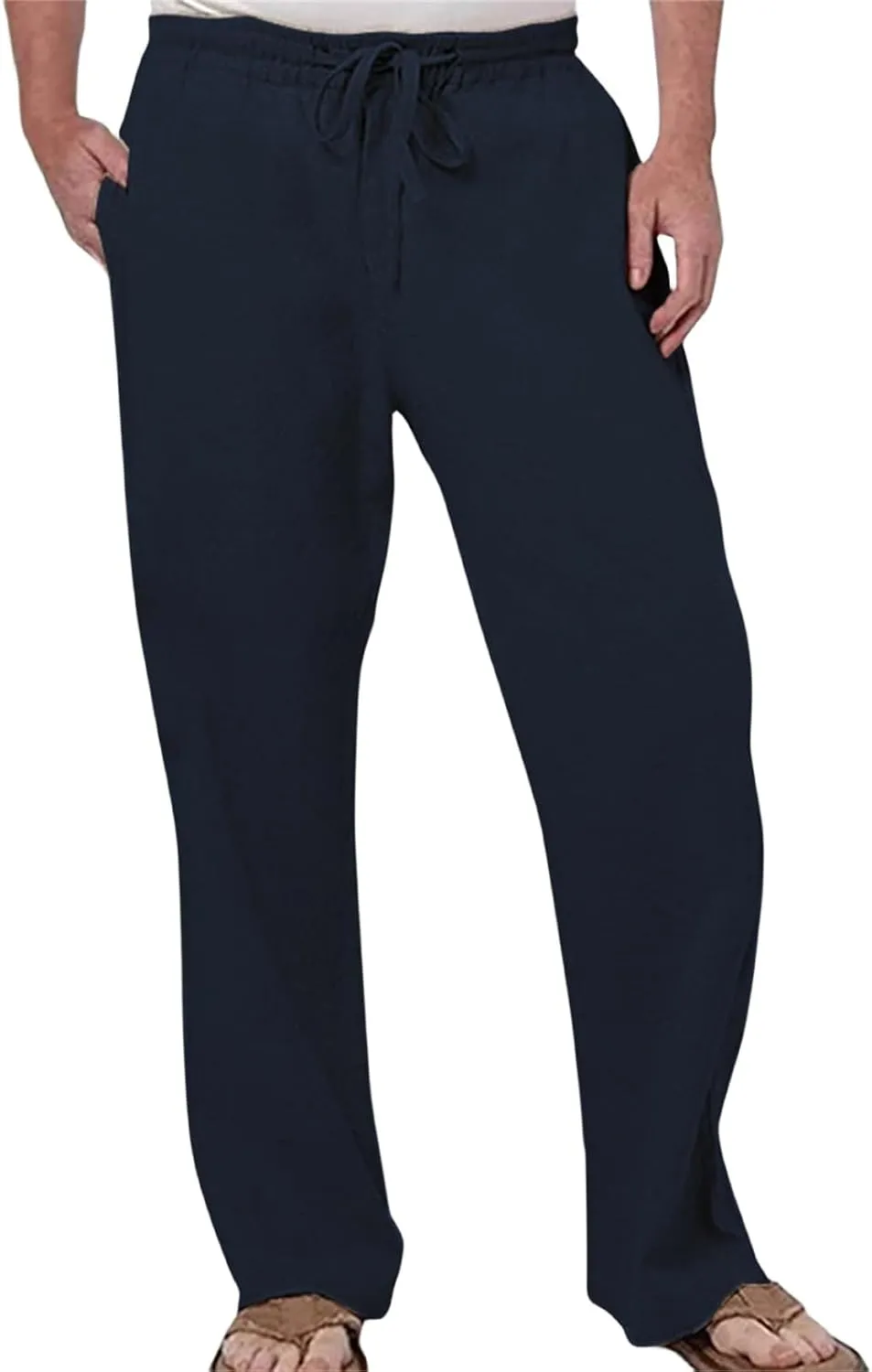 Men's Tall Open Bottom Joggers Versatile Yoga Golf Running Pants Cotton Linen Blend Straight Leg with Pockets