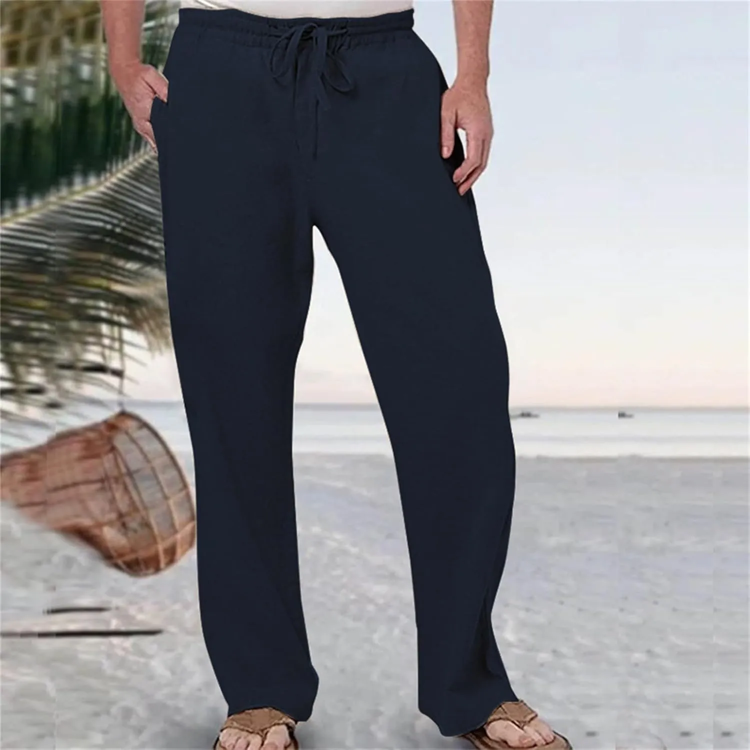 Men's Tall Open Bottom Joggers Versatile Yoga Golf Running Pants Cotton Linen Blend Straight Leg with Pockets