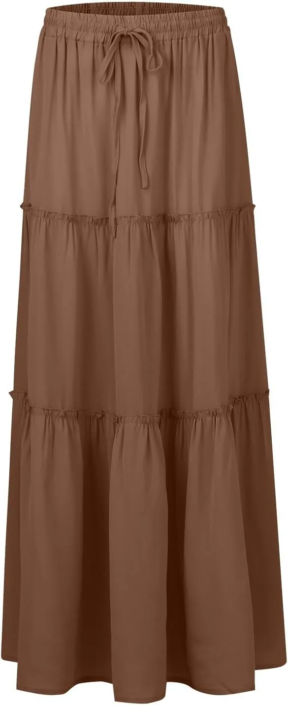 midelxp Flowy Maxi Skirts for Women Summer High Waisted Tiered Long Skirts Ladies Cute Lightweight Loose Beach Pleated Skirts