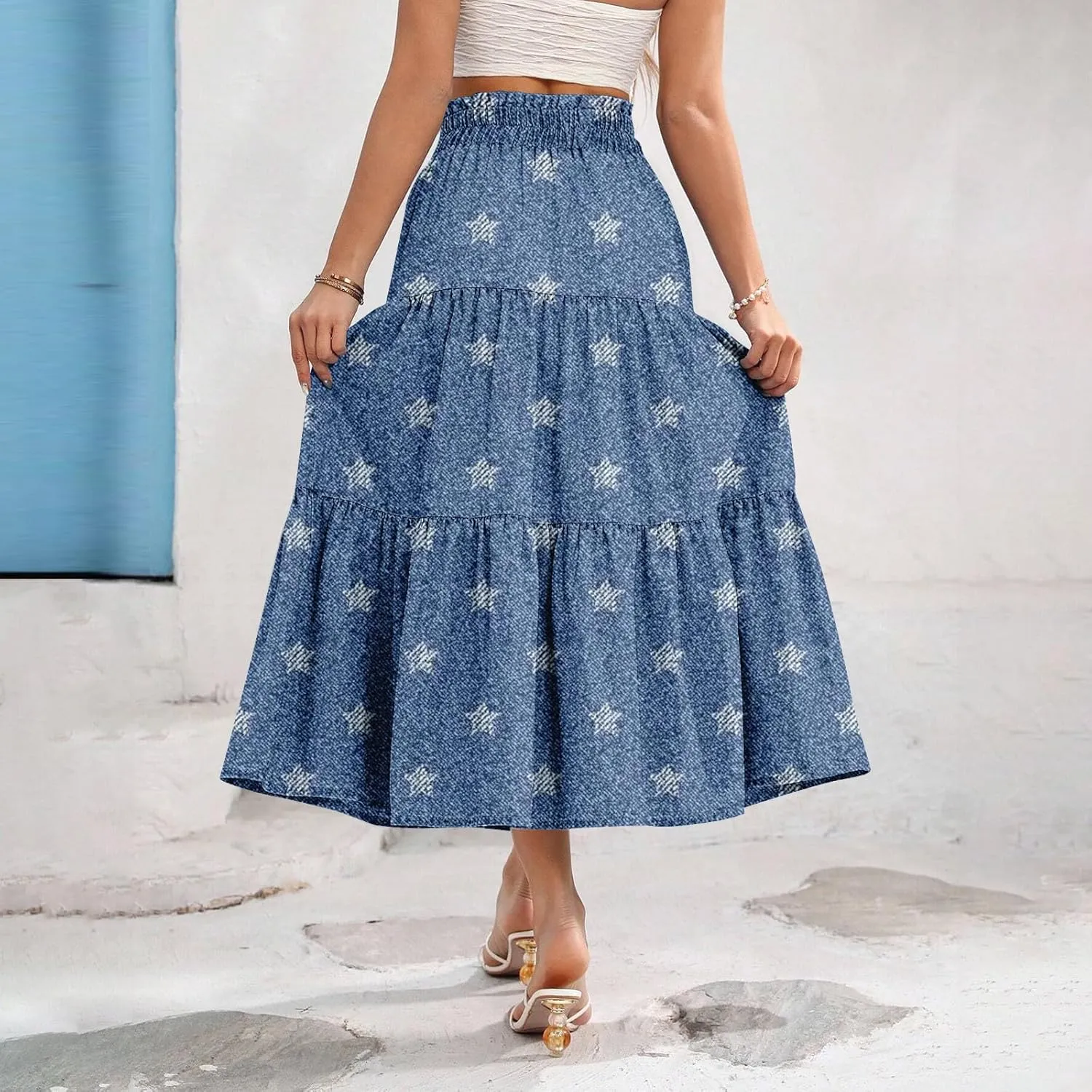 Midi Skirts for Women Summer Drawstring High Waisted A Line Skirt Casual Vacation Tiered Ruffle Long Denim Skirts
