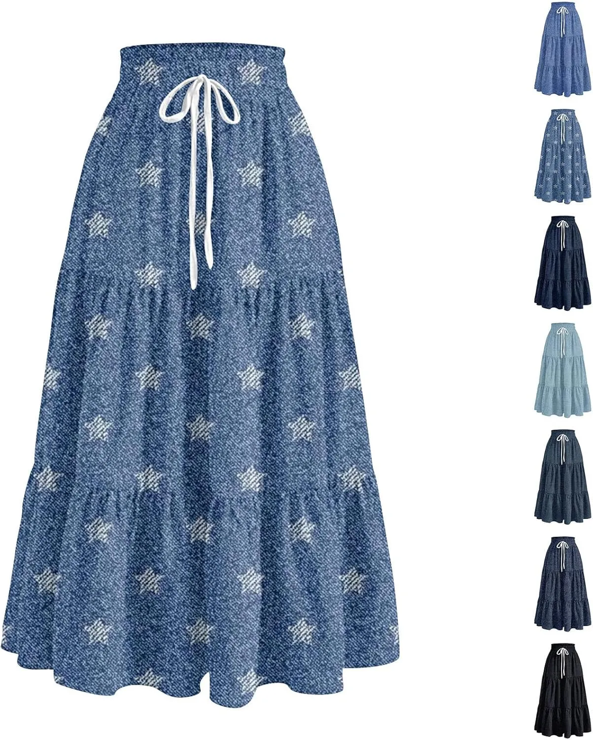 Midi Skirts for Women Summer Drawstring High Waisted A Line Skirt Casual Vacation Tiered Ruffle Long Denim Skirts