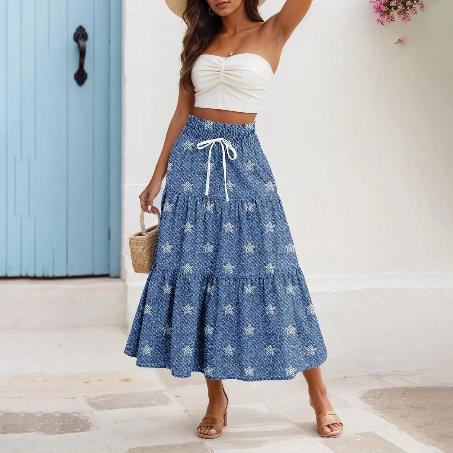 Midi Skirts for Women Summer Drawstring High Waisted A Line Skirt Casual Vacation Tiered Ruffle Long Denim Skirts