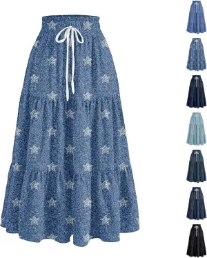 Midi Skirts for Women Summer Drawstring High Waisted A Line Skirt Casual Vacation Tiered Ruffle Long Denim Skirts