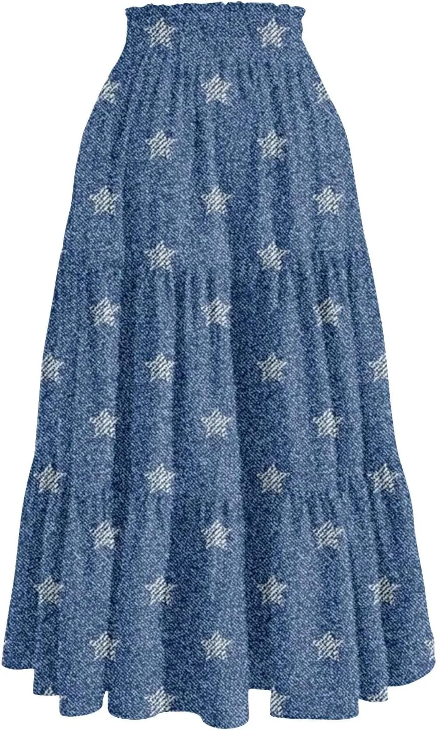 Midi Skirts for Women Summer Drawstring High Waisted A Line Skirt Casual Vacation Tiered Ruffle Long Denim Skirts