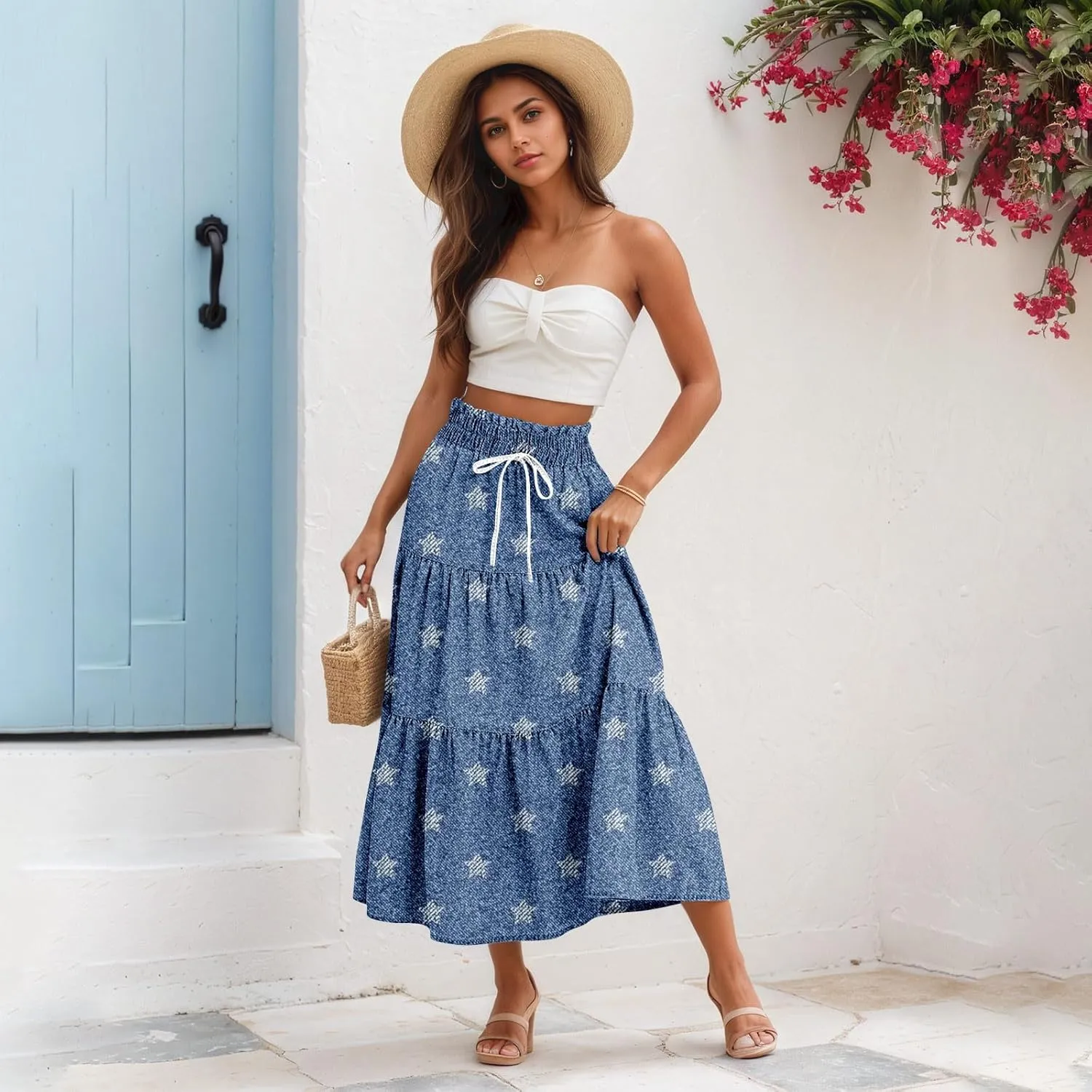 Midi Skirts for Women Summer Drawstring High Waisted A Line Skirt Casual Vacation Tiered Ruffle Long Denim Skirts