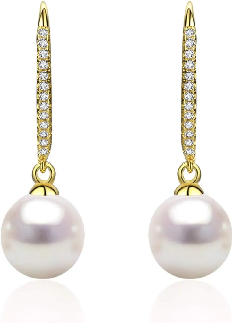 Minimalist Modern Sleek Cultured White Pearl Earrings 8-9mm Gold Plated Sterling Silver - Jewelry Gifts for Women